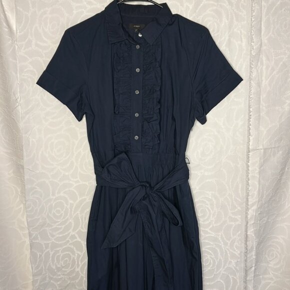 J CREW dark blue cotton maxi dress with ruffles. Large tie belt. Size 8T. - Picture 5 of 12